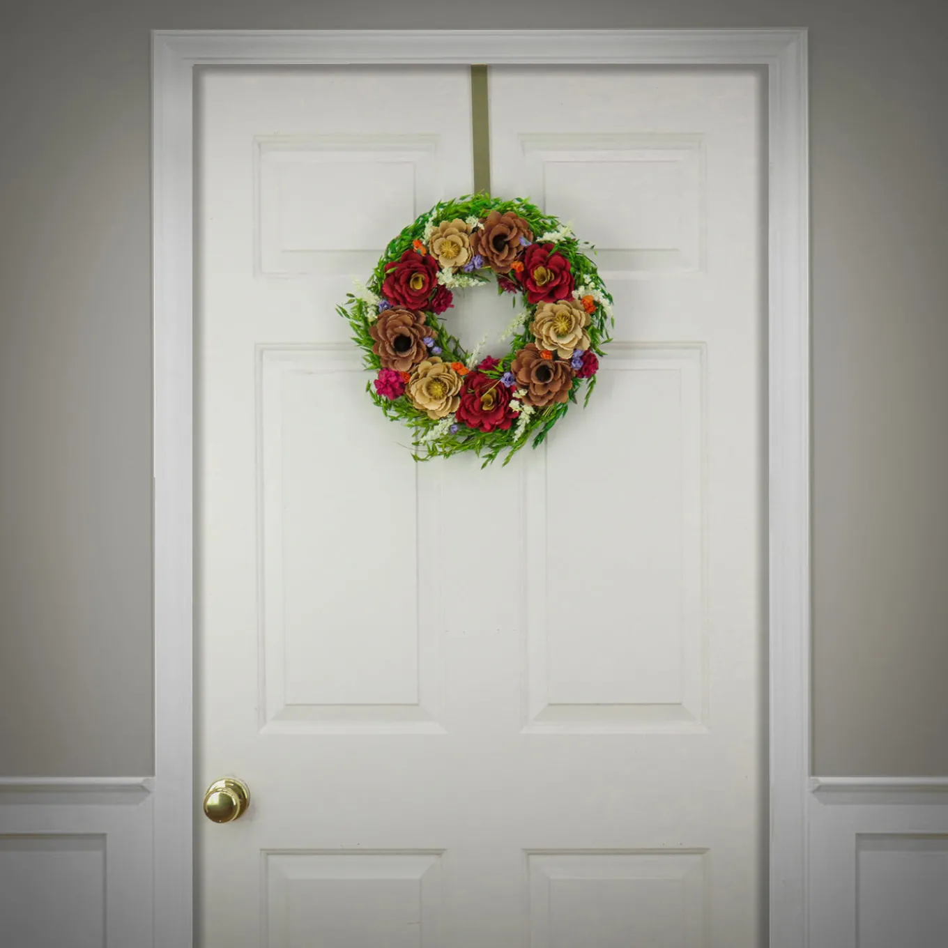 17 in. Spring Wreath with Assorted Spring Flower Blooms, Seed Pods, Flowing Green Stems