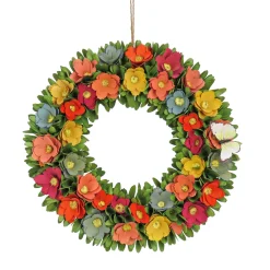 20 in. Spring Wreath with Colorful Assorted Wood Cut Flowers, Flowing Green Leaves
