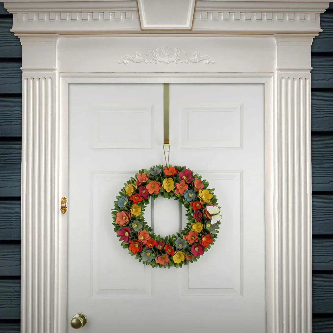 20 in. Spring Wreath with Colorful Assorted Wood Cut Flowers, Flowing Green Leaves