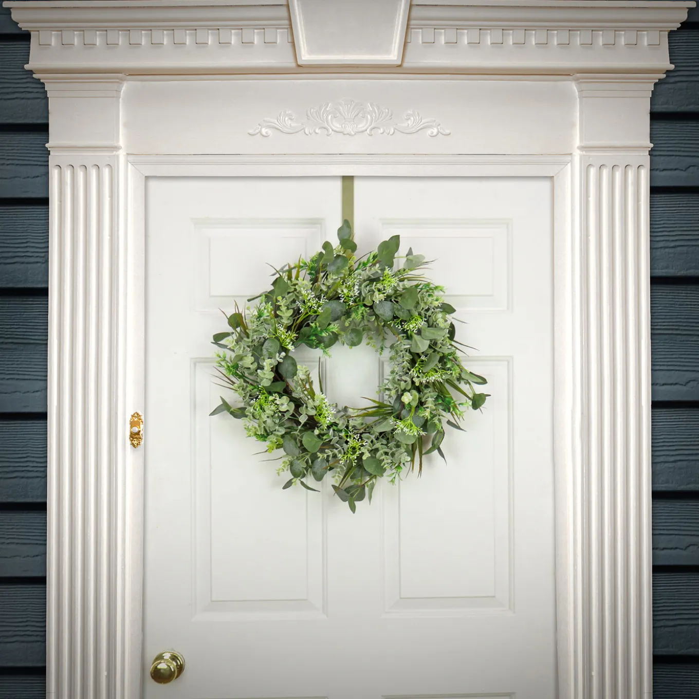22 in. Spring Wreath with Eucalyptus Leaves, Flowing Green Stems