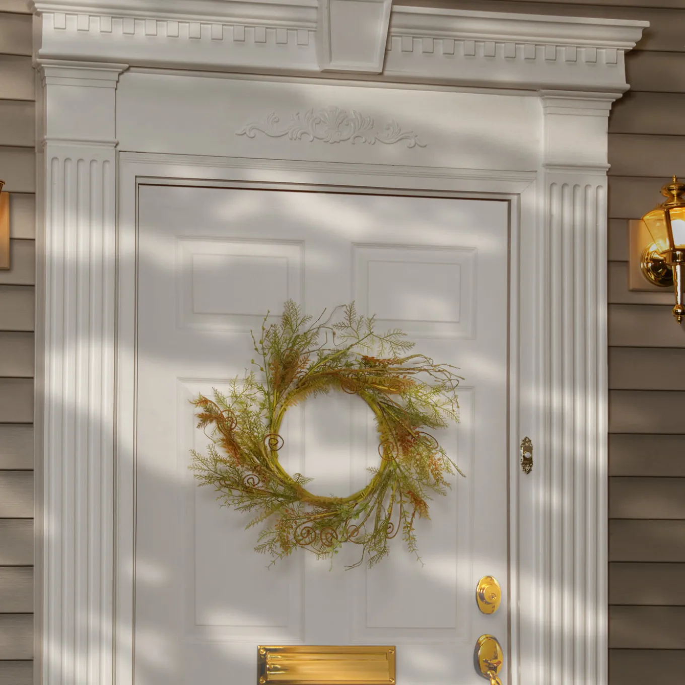 22 in. Spring Wreath with Fern Fronds, Curled Branch Sprigs, Flowing Green Stems?