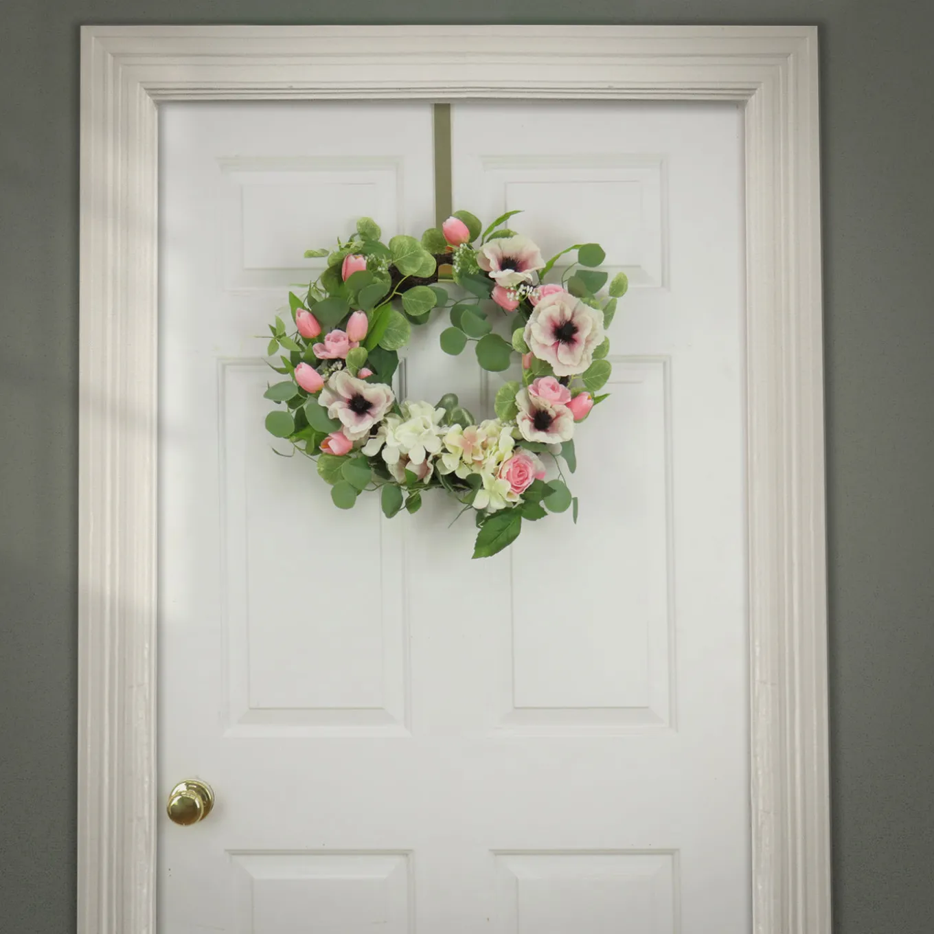 22 in. Spring Wreath with Hydrangea, Tulip, and Eucalyptus Blooms