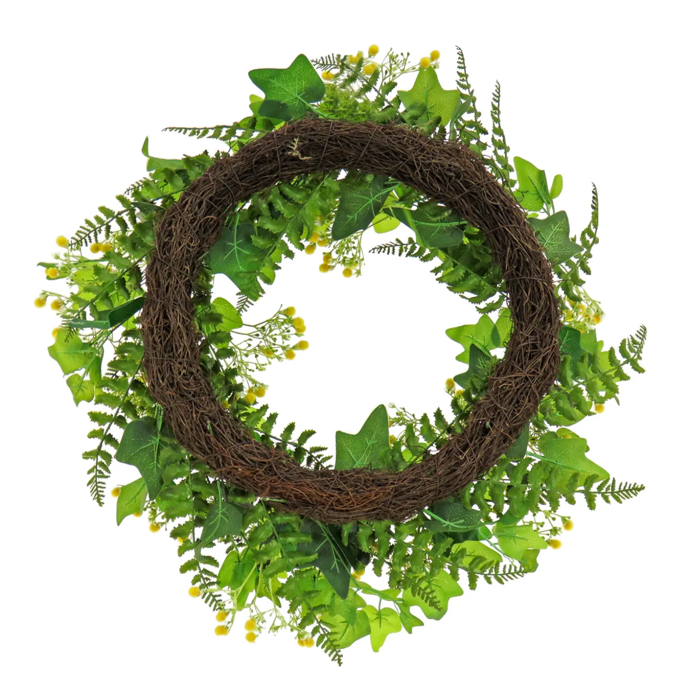 24 in. Spring Wreath with Ivy, Fern Leaves, Seed Pods, and Flowing Green Stems
