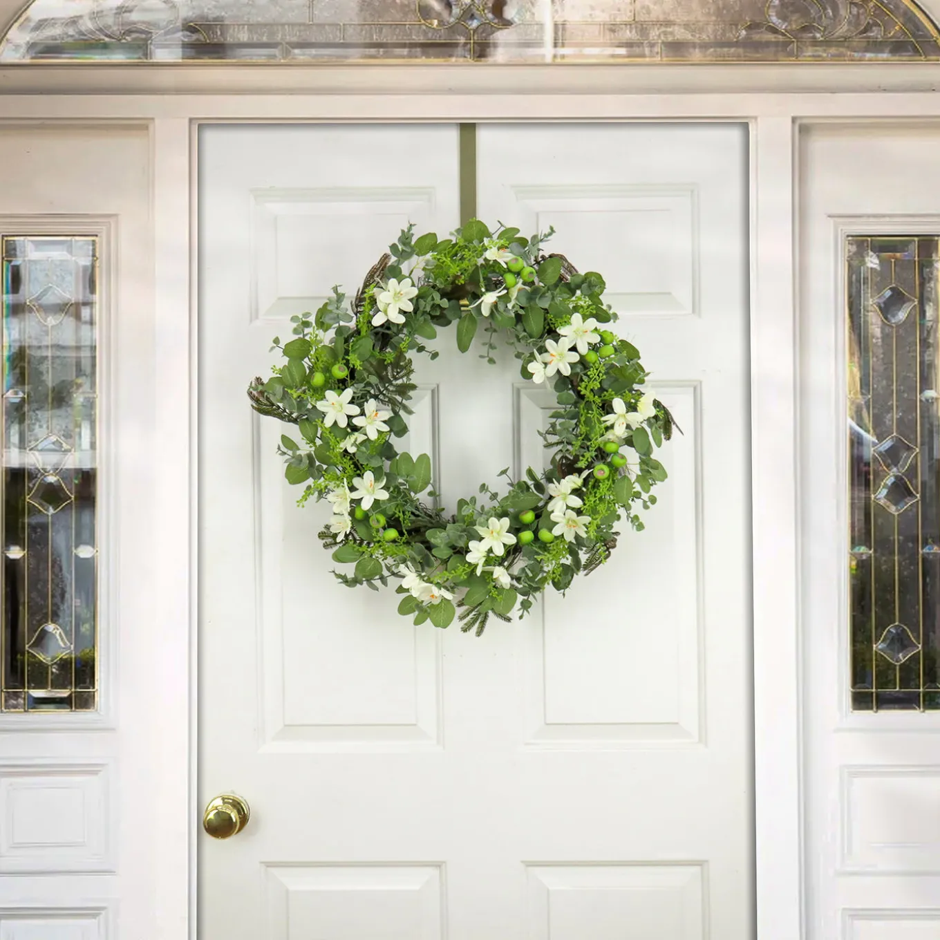 24 in. Spring Wreath with Mixed Flower Blooms and Flowing Green Stems