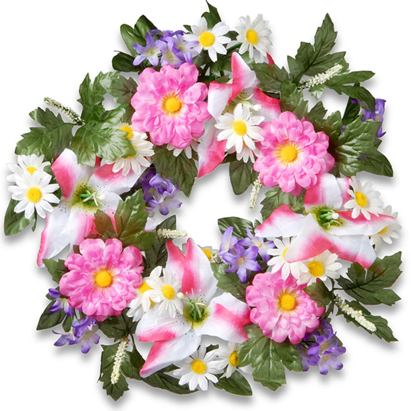 18 in. Spring Wreath with Multicolor Daisy and Tiger Lily Blooms, Leafy Greens, Berry Clusters
