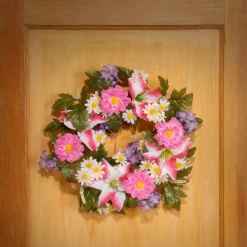 18 in. Spring Wreath with Multicolor Daisy and Tiger Lily Blooms, Leafy Greens, Berry Clusters