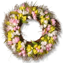 21 in. Spring Wreath with Pink, Yellow and White Tulips