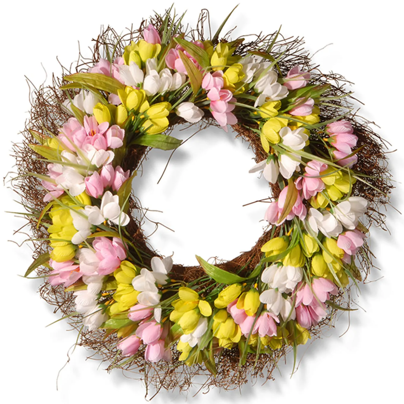 21 in. Spring Wreath with Pink, Yellow and White Tulips