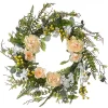 20 in. Spring Wreath with Pink and White Flower Blooms, Yellow Berry Clusters, Fern Fronds