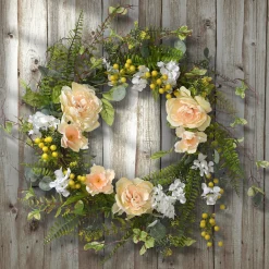 20 in. Spring Wreath with Pink and White Flower Blooms, Yellow Berry Clusters, Fern Fronds