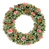 18 in. Spring Wreath with Pink and Brown Assorted Wood Cut Flowers, Flowing Green Leaves