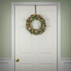 18 in. Spring Wreath with Pink and Brown Assorted Wood Cut Flowers, Flowing Green Leaves