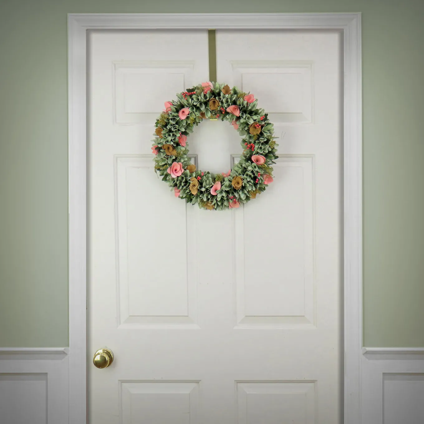 18 in. Spring Wreath with Pink and Brown Assorted Wood Cut Flowers, Flowing Green Leaves