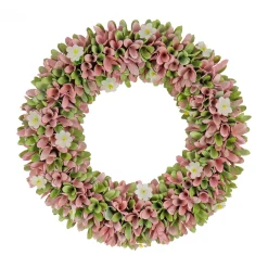 18 in. Spring Wreath with Pink and Green Assorted Wood Cut Flowers, Flowing Green Leaves