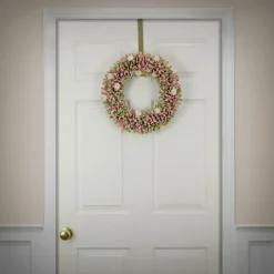 18 in. Spring Wreath with Pink and Green Assorted Wood Cut Flowers, Flowing Green Leaves