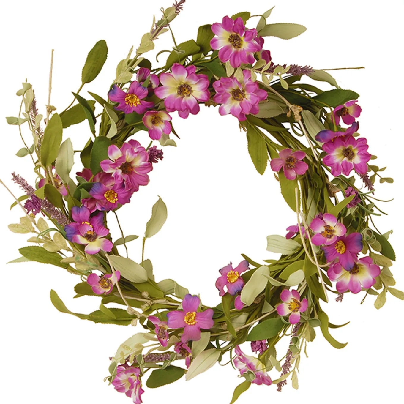 20 in. Spring Wreath with Purple Daisy Blooms, Lavender Flowers, and Leafy Greens