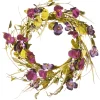 22 in. Spring Wreath with Purple Pansy and Poppy Flowers, Seed Pods, Leafy Greens