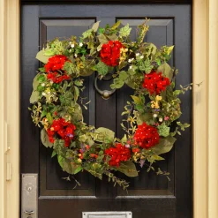 32 in. Spring Wreath with Red Flower Blooms, Flowing Green Stems
