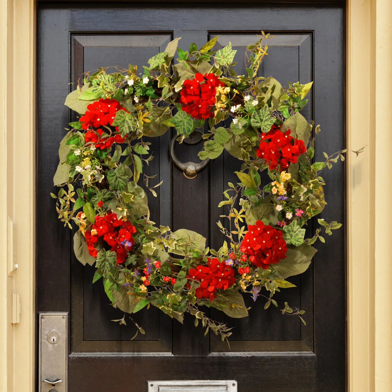 32 in. Spring Wreath with Red Flower Blooms, Flowing Green Stems