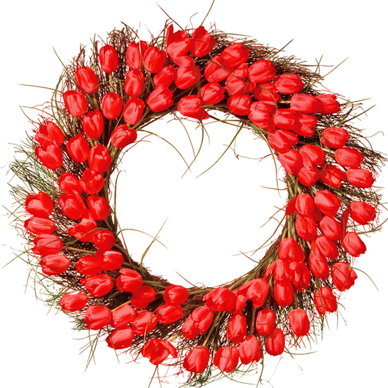 32 in. Spring Wreath with Red Tulip Blooms, Flowing Green Stems