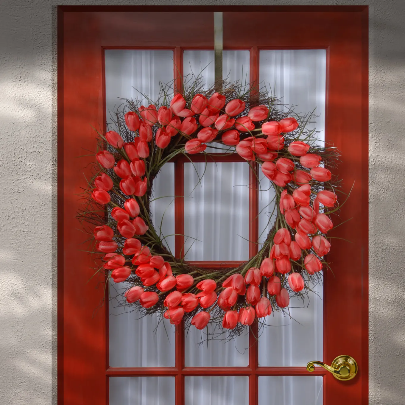 32 in. Spring Wreath with Red Tulip Blooms, Flowing Green Stems