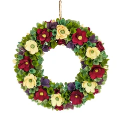 18 in. Spring Wreath with Red and Cream Assorted Wood Cut Flowers, Flowing Green Leaves