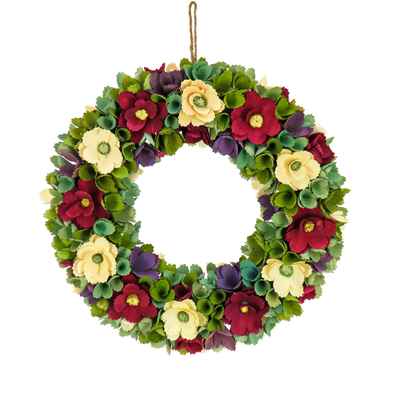 18 in. Spring Wreath with Red and Cream Assorted Wood Cut Flowers, Flowing Green Leaves