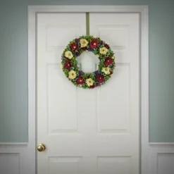 18 in. Spring Wreath with Red and Cream Assorted Wood Cut Flowers, Flowing Green Leaves