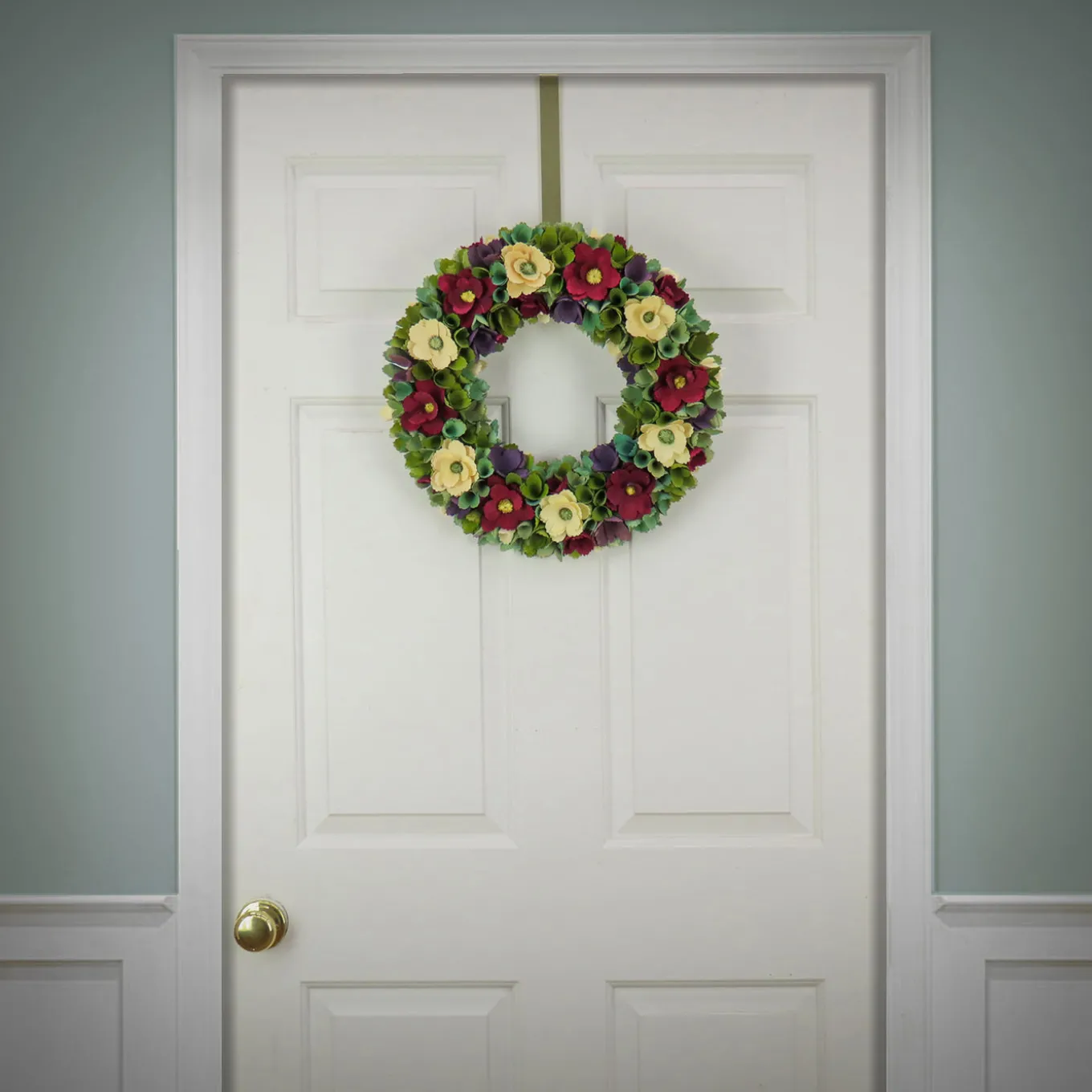 18 in. Spring Wreath with Red and Cream Assorted Wood Cut Flowers, Flowing Green Leaves