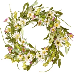20 in. Spring Wreath with White and Purple Mixed Flower Blooms, Flowing Green Stems, Seed Pods