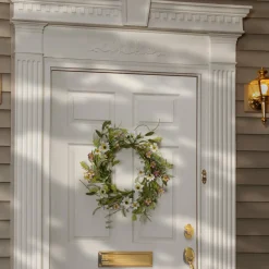 20 in. Spring Wreath with White and Purple Mixed Flower Blooms, Flowing Green Stems, Seed Pods