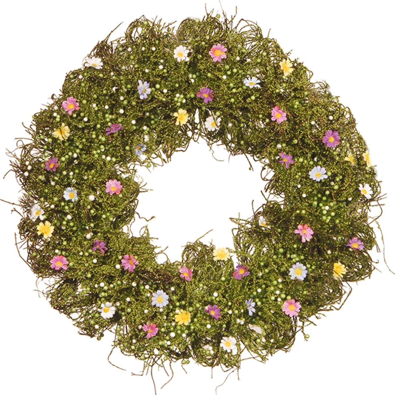 19 in. Spring Wreath with Yellow, White, Pink and Blue Flower Blooms, Green Ivy, Berries