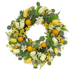 22 in. Spring Wreath with Yellow Tulip Blooms, Lemons, and Forsythia Flower Blossoms