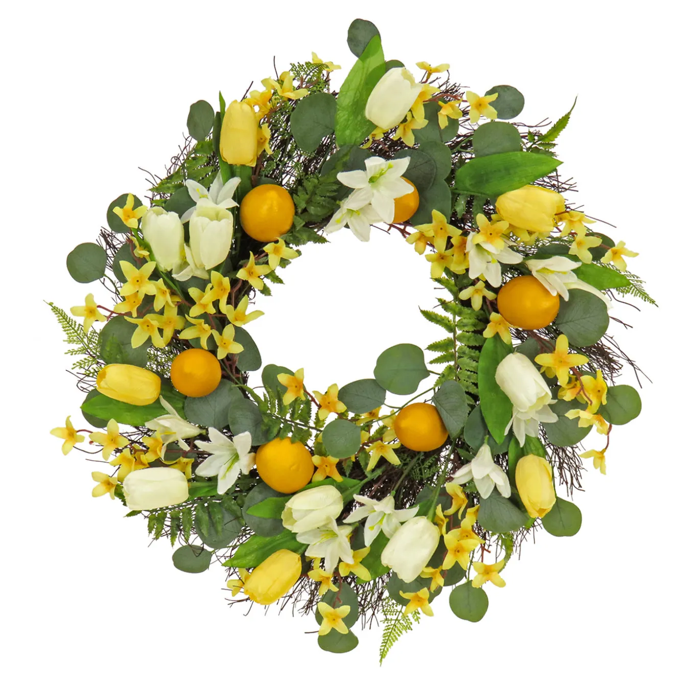 22 in. Spring Wreath with Yellow Tulip Blooms, Lemons, and Forsythia Flower Blossoms