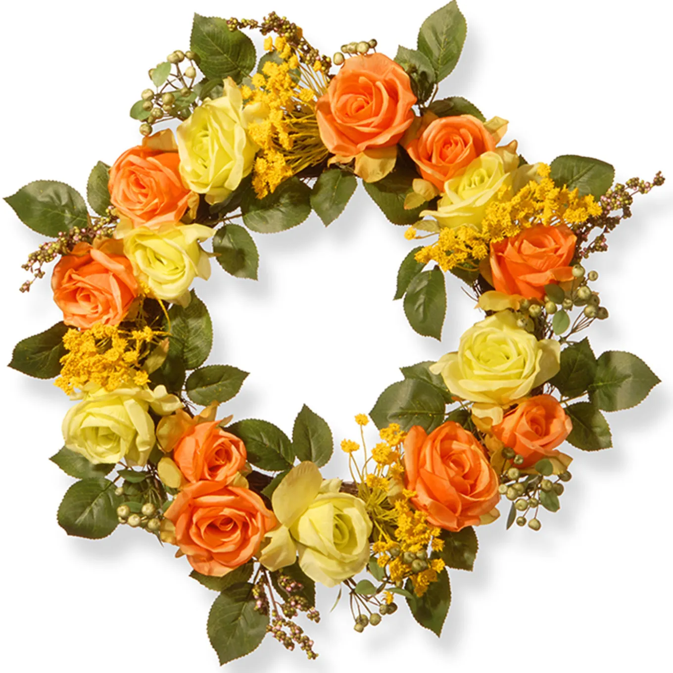 20 in. Spring Wreath with Yellow and Orange Rose Blooms, Seed Pods, Berry Clusters, Leafy Greens