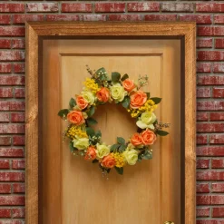20 in. Spring Wreath with Yellow and Orange Rose Blooms, Seed Pods, Berry Clusters, Leafy Greens