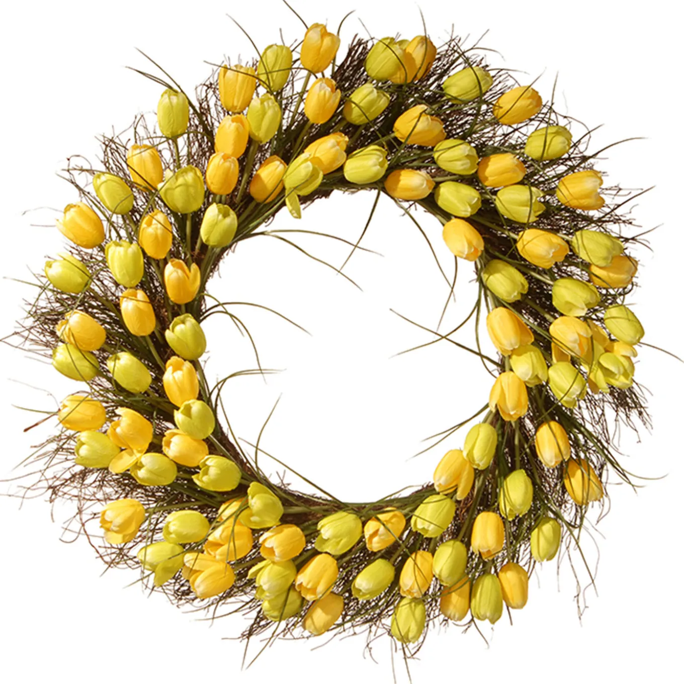 32 in. Spring Wreath with Yellow Tulip Blooms, Flowing Green Stems