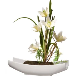 11 in. Spring Yellow Orchids Flower Potted in a White Base