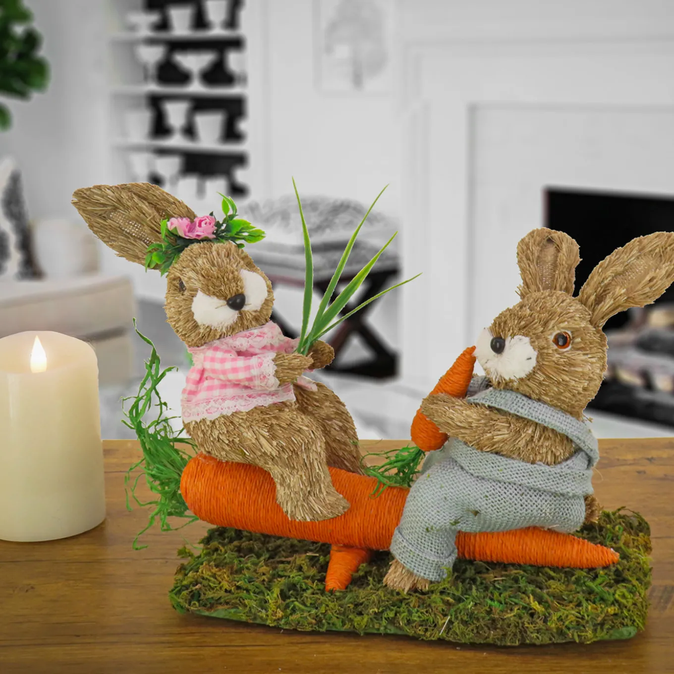 14 in. Two Bunnies on Carrot Seesaw Table Decoration