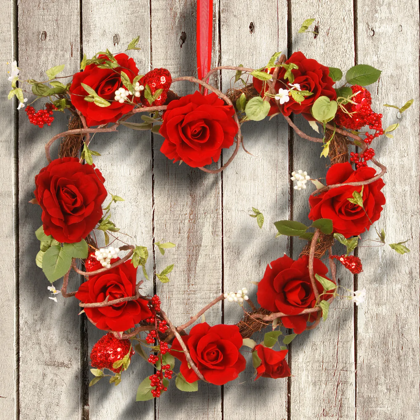 20 in. Valentine's Floral Heart Red Roses Wreath