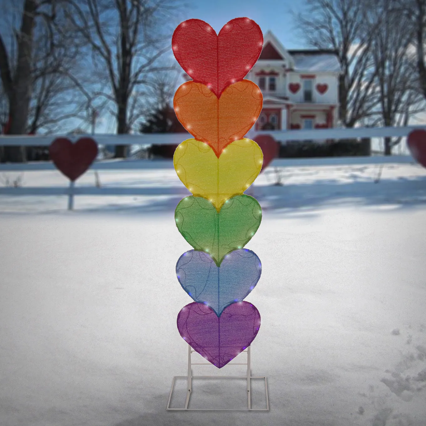 63 in. Valentine's Stacked Rainbow Hearts Decoration with LED Lights