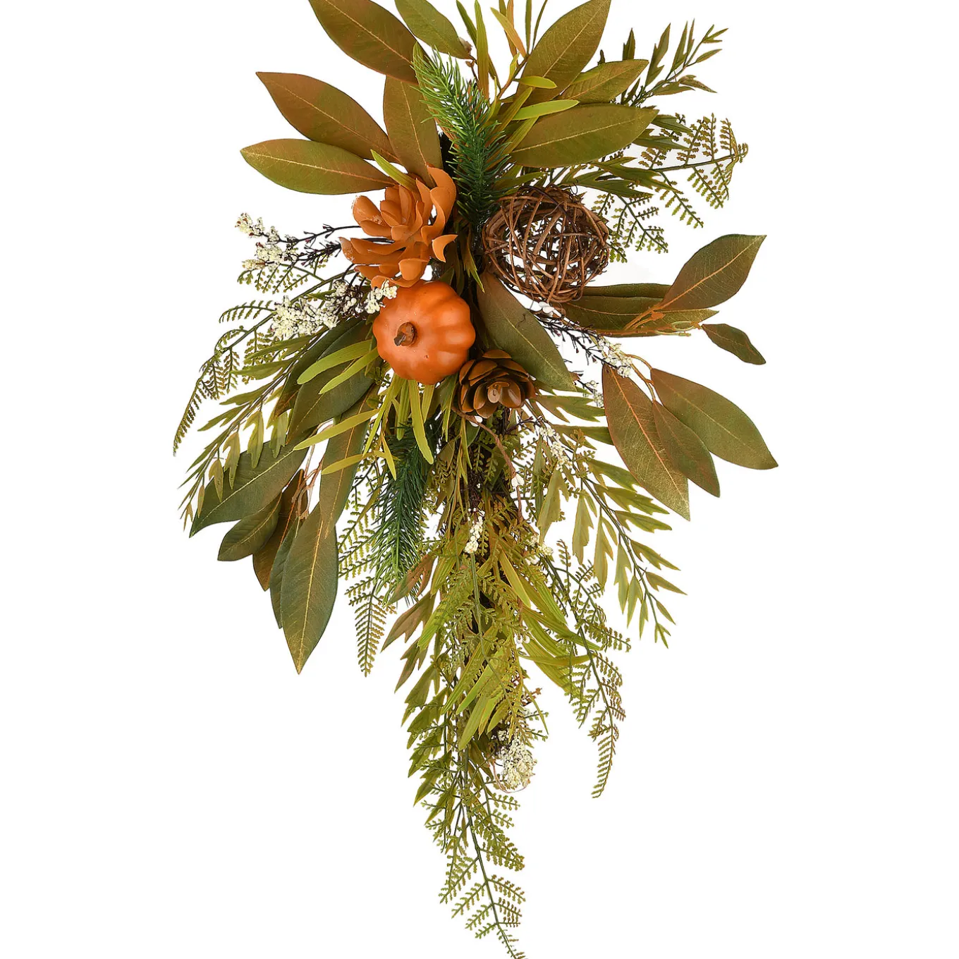 26 in. Wall Flower Swag Fall Decoration with Fern Fronds, Leaves, Pumpkins, Twig Cones