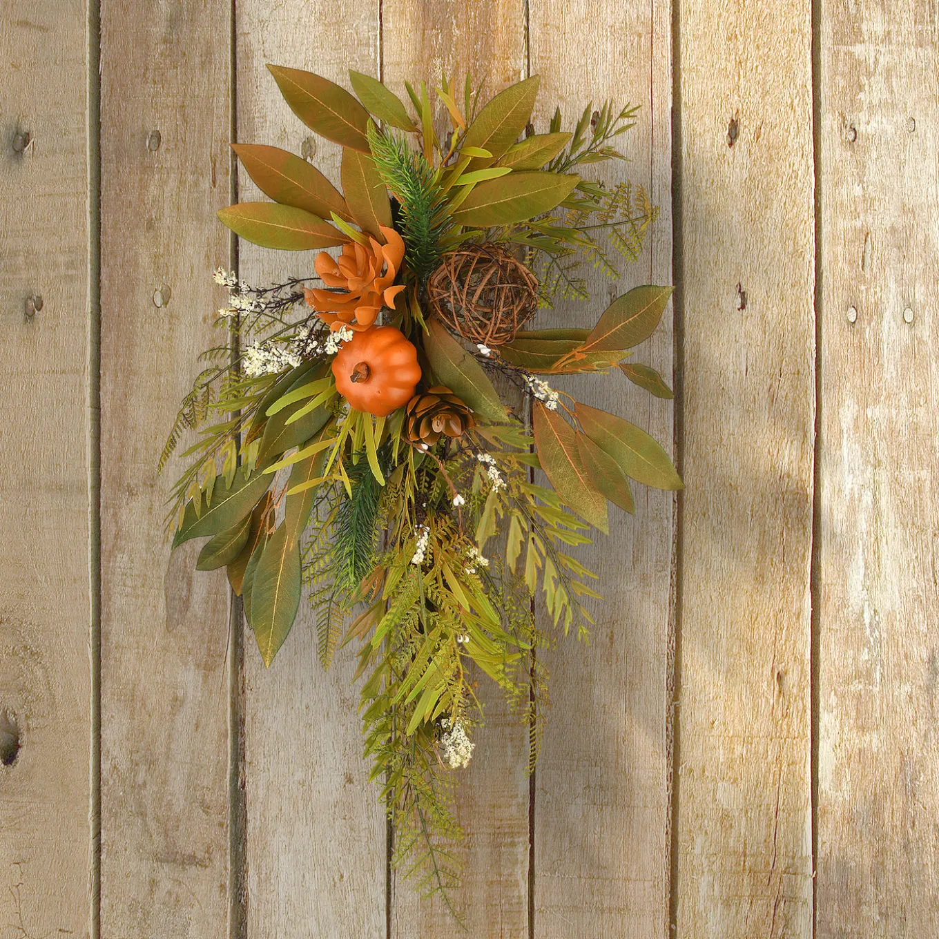 26 in. Wall Flower Swag Fall Decoration with Fern Fronds, Leaves, Pumpkins, Twig Cones