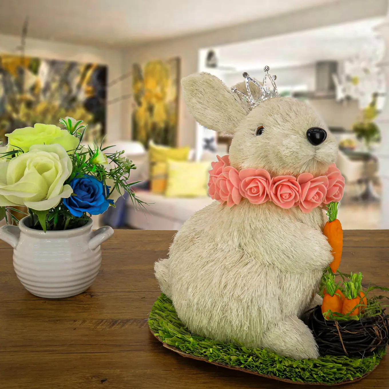 12 in. White Easter Bunny with Crown Holding Carrot Table Decoration