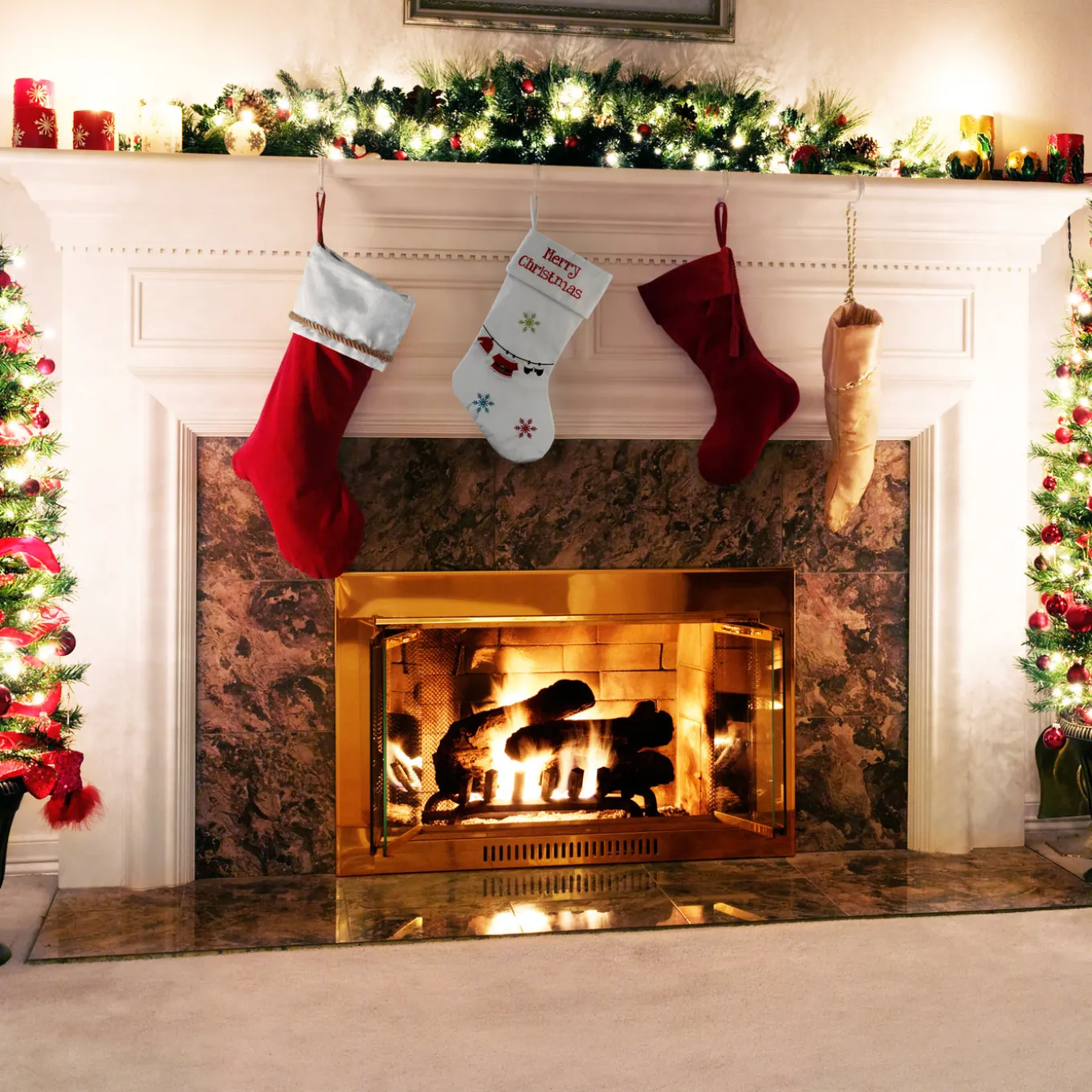 18 in. White Merry Christmas Stocking with Snowflakes