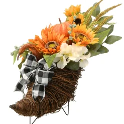 20 in. Wicker Cornucopia Basket Decoration with Pumpkins, Sunflower Blooms, Assorted Leaves
