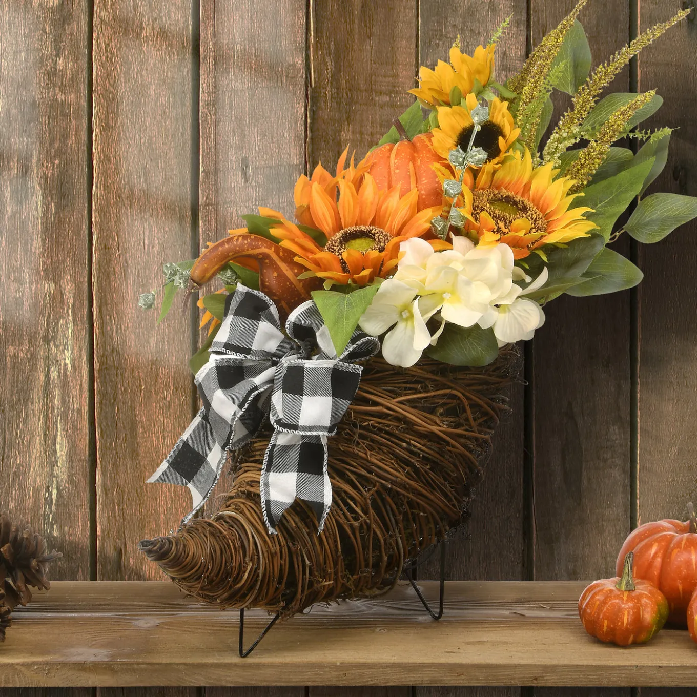 20 in. Wicker Cornucopia Basket Decoration with Pumpkins, Sunflower Blooms, Assorted Leaves