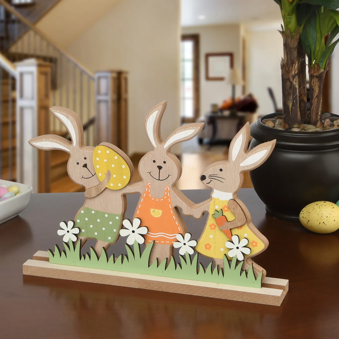 9 in. Wooden Rabbit Trio Table Decoration