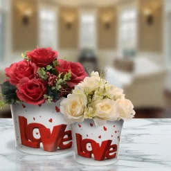2 Piece Valentine's 'LOVE' Tin Pots Decorated with Red Hearts