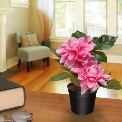 Artificial Potted Flowers, Pink Dahlias, Includes Black Pot Base, Spring Collection, 7 Inches